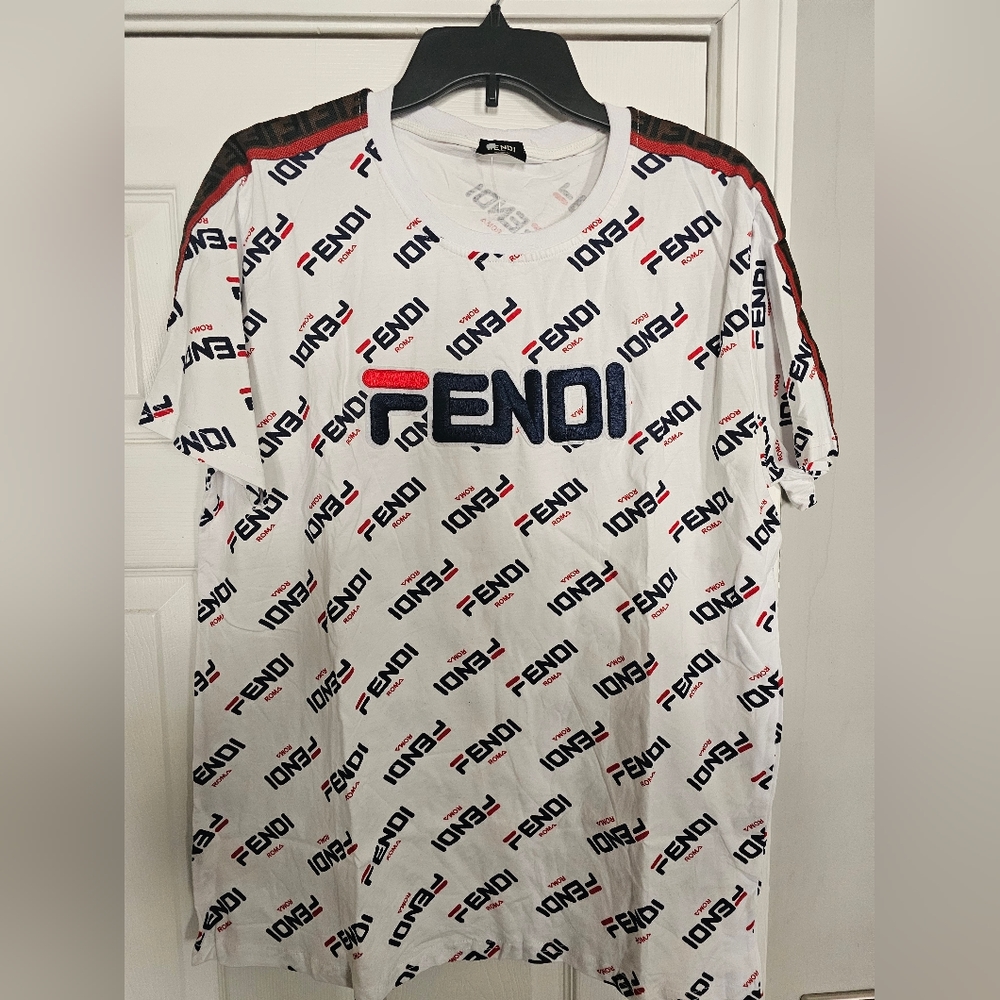 Fendi White All-Over Logo Tee with Black and Red Accents